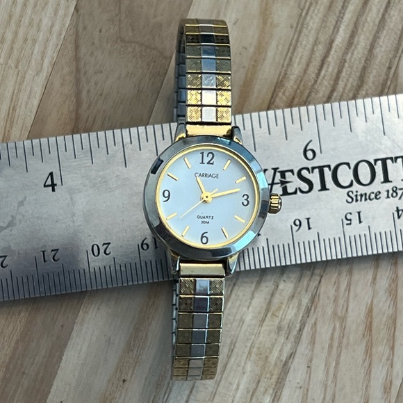 Carriage Ladies Watch Indiglo White Dial Two Tone Stretch Stainless Bracelet - Picture 4 of 8